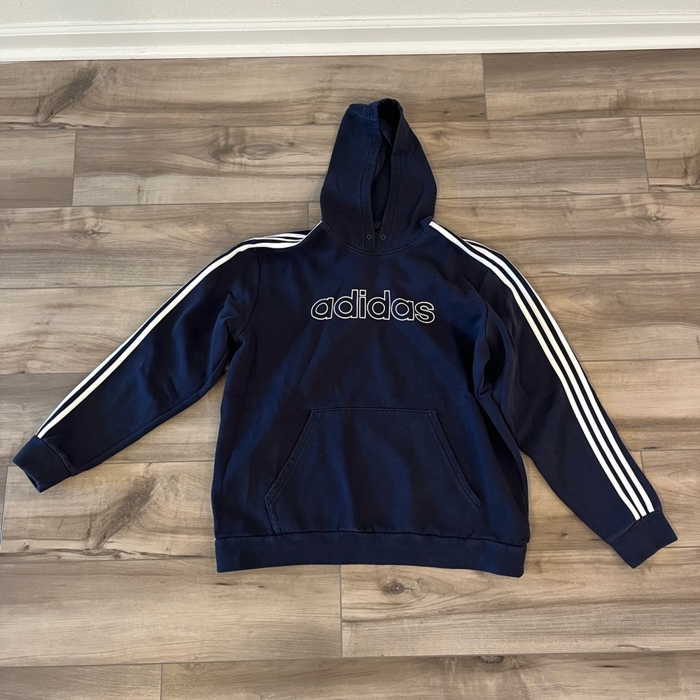 Adidas Classic Hooded Pullover Fleece Black Sweatshirt Stripe Logo Hoodie XL